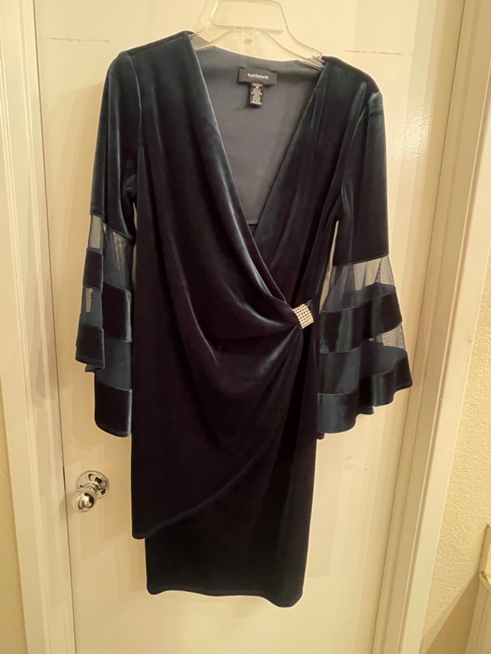 R&M Richards Deep Navy Velvet Wrap Midi Dress with Layered Ruffle Sleeves